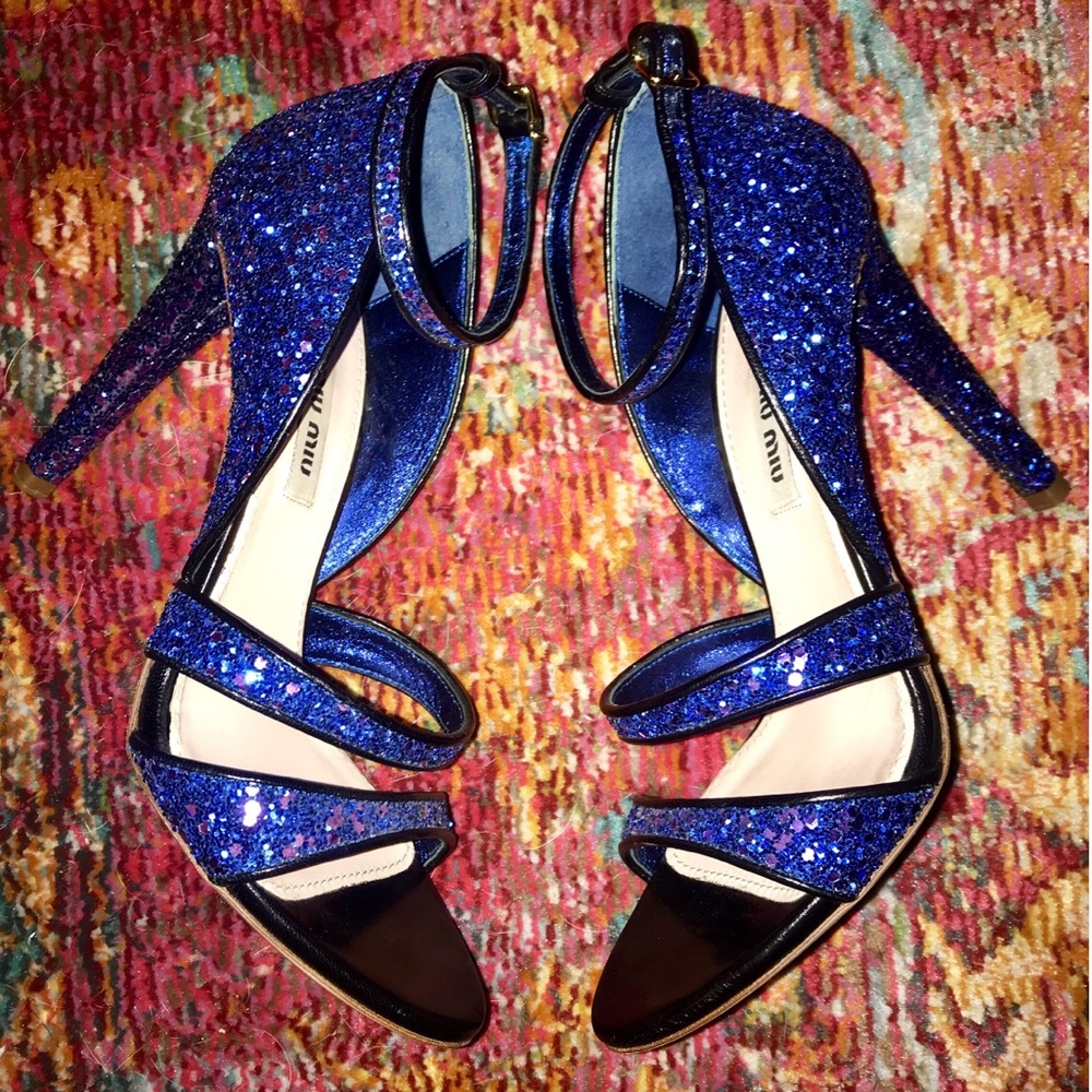 Miu Miu Blue Glitter Ankle Strappy High Heels